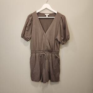 Nine West Romper - Faux Wrap Puff Sleeve Pockets Tan - Size M